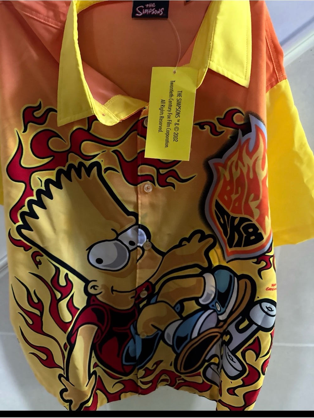 The Simpsons Bart Flame Skate Button-Up Shirt - Yellow & Orange vintage